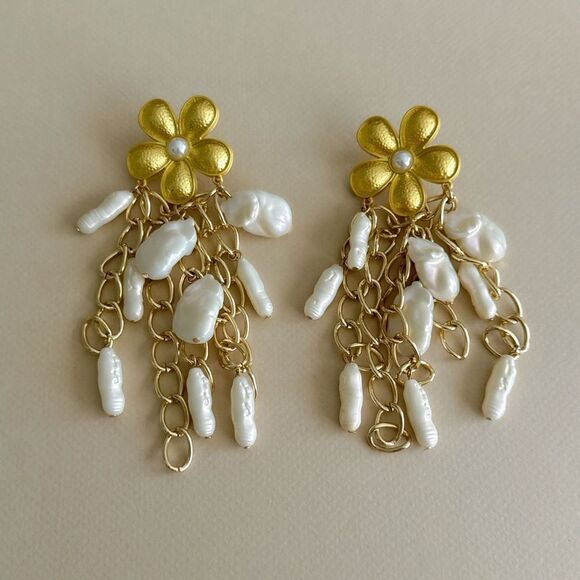 Gold and Pearl Flower Drop Earrings #1653 - Picture 2 of 4
